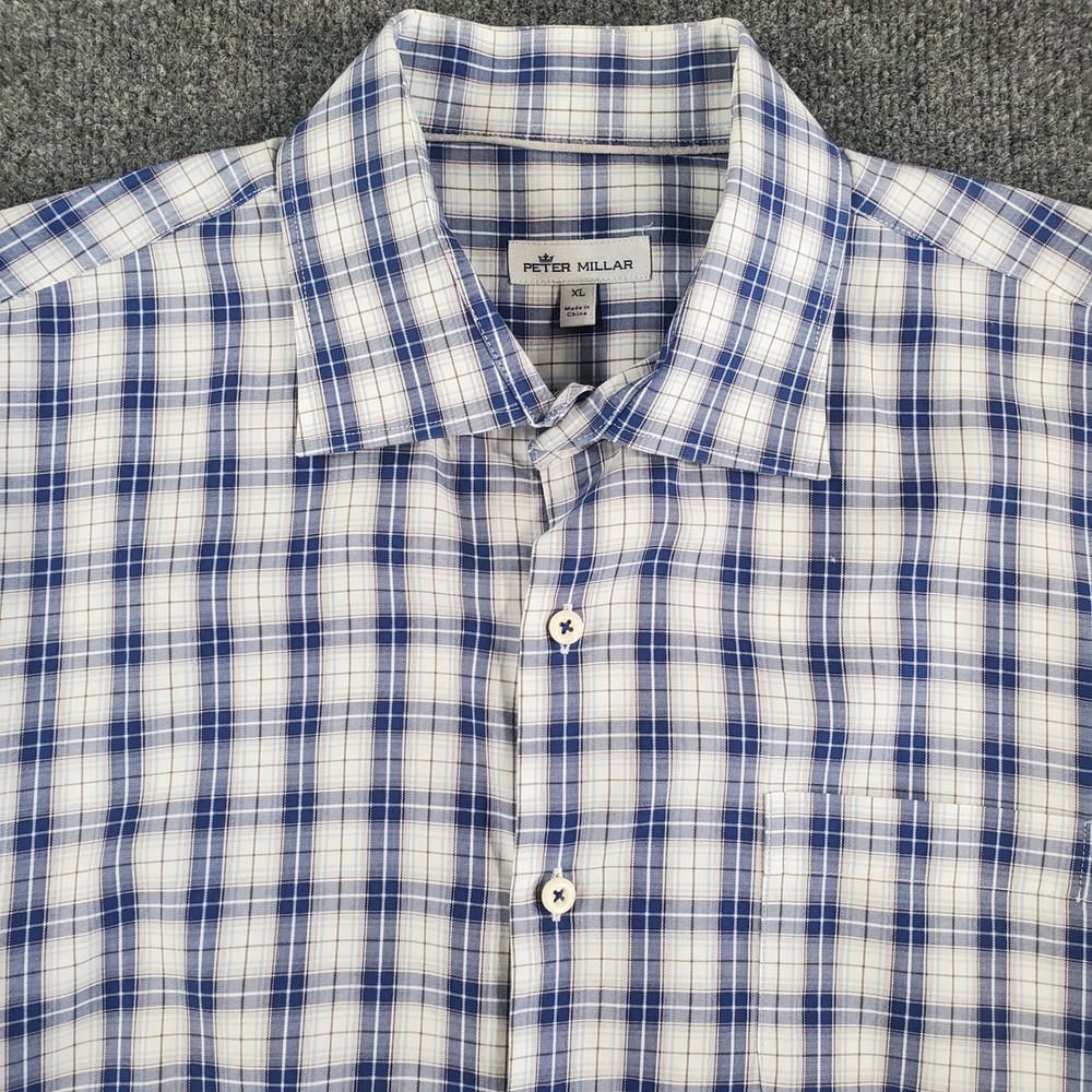Peter Millar Shirt Mens XL Long Sleeve Blue White Plaid Button-down Attribute